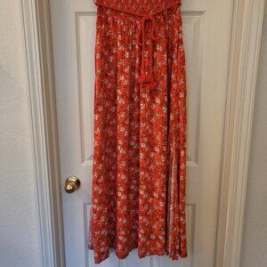 Small red floral festival maxi skirt with side slit